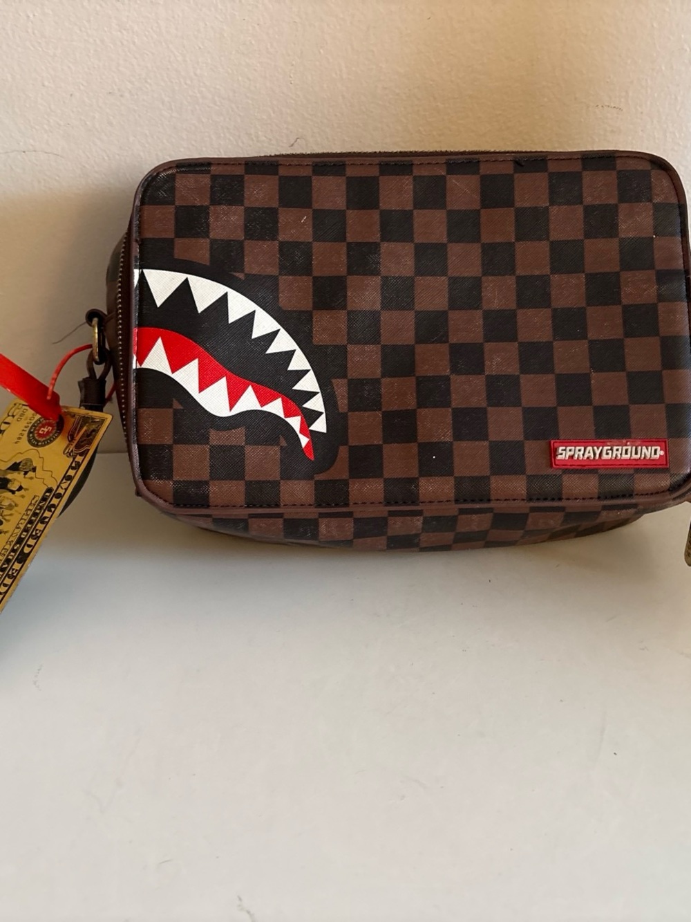Sprayground Brown Black Checker Shark Toiletry Bag with Red Accent